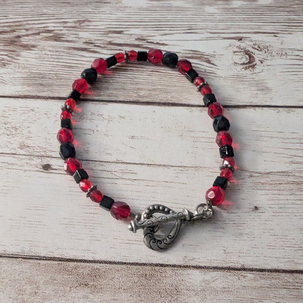 Red & Black Beaded Bracelet with Heart T Bar Clasp